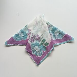 Vintage Floral Cotton Hankie with Purple & Teal Roses